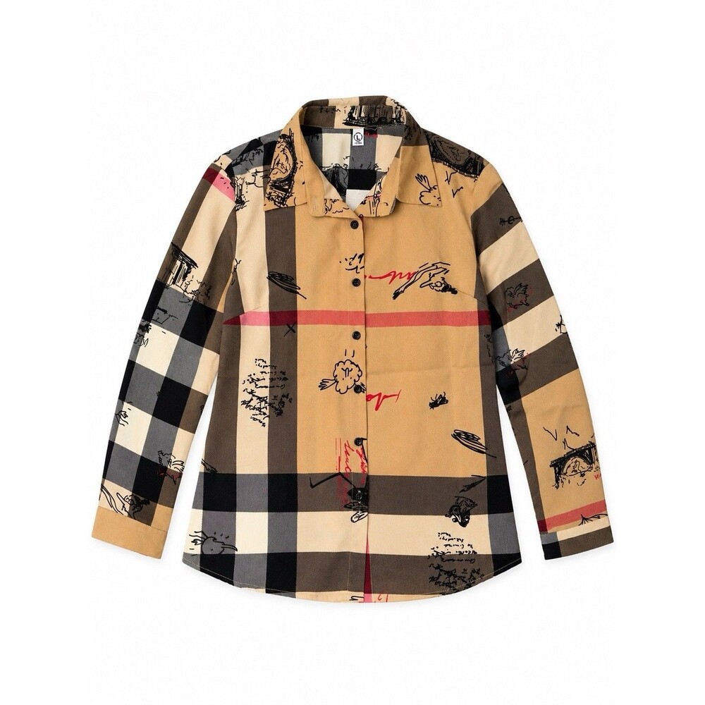 Tan Plaid Doodle Print Button Front Blouse XS Preppy Classic